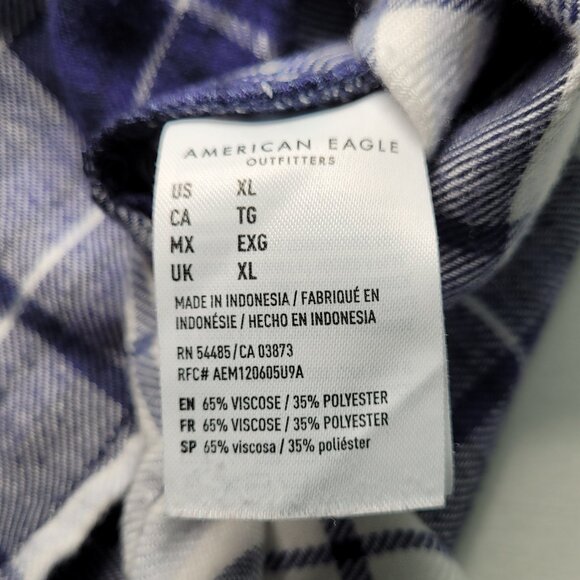 American Eagle Plaid Flannel Button-Up Shirt Blue White Boyfriend Fit XL Grunge - Picture 7 of 10